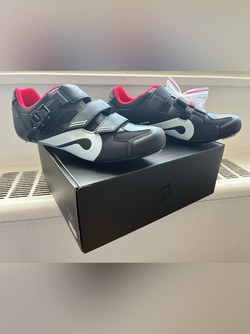 Peloton Black and White Cycling Sneakers with Red Lining